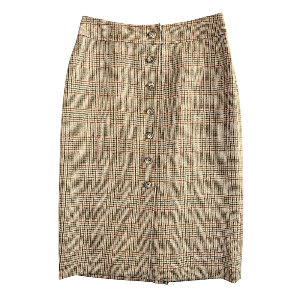 Brooks Brothers 346 Pencil Skirt Women 4 Brown Glen Plaid Wool Button Front